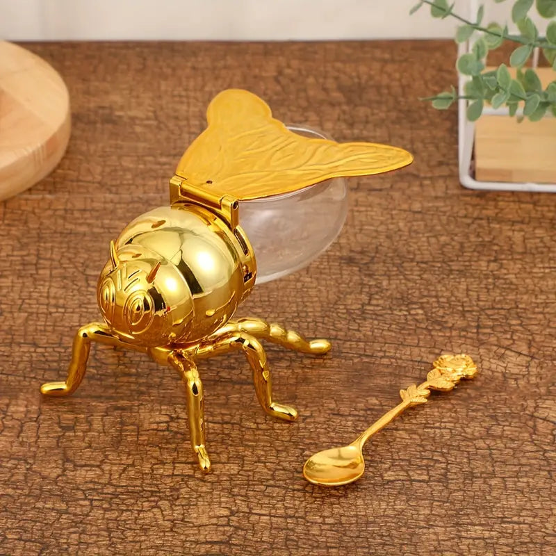 Bee Shaped Honey Jar with serving spoon close-up